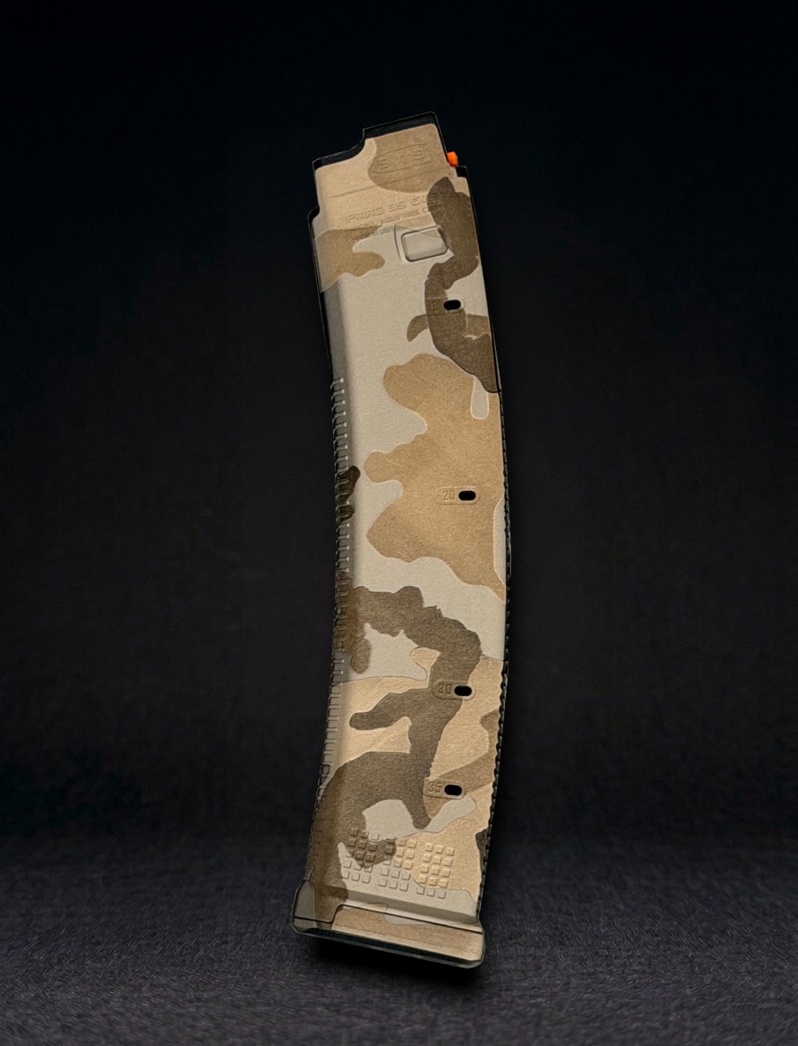 side view of a CZ Scorpion magpul pmag laser engraved with desert m81 camo pattern