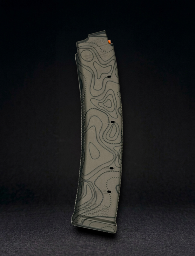 side view of a CZ Scorpion magpul pmag laser engraved with Gray Fill Topo camo pattern