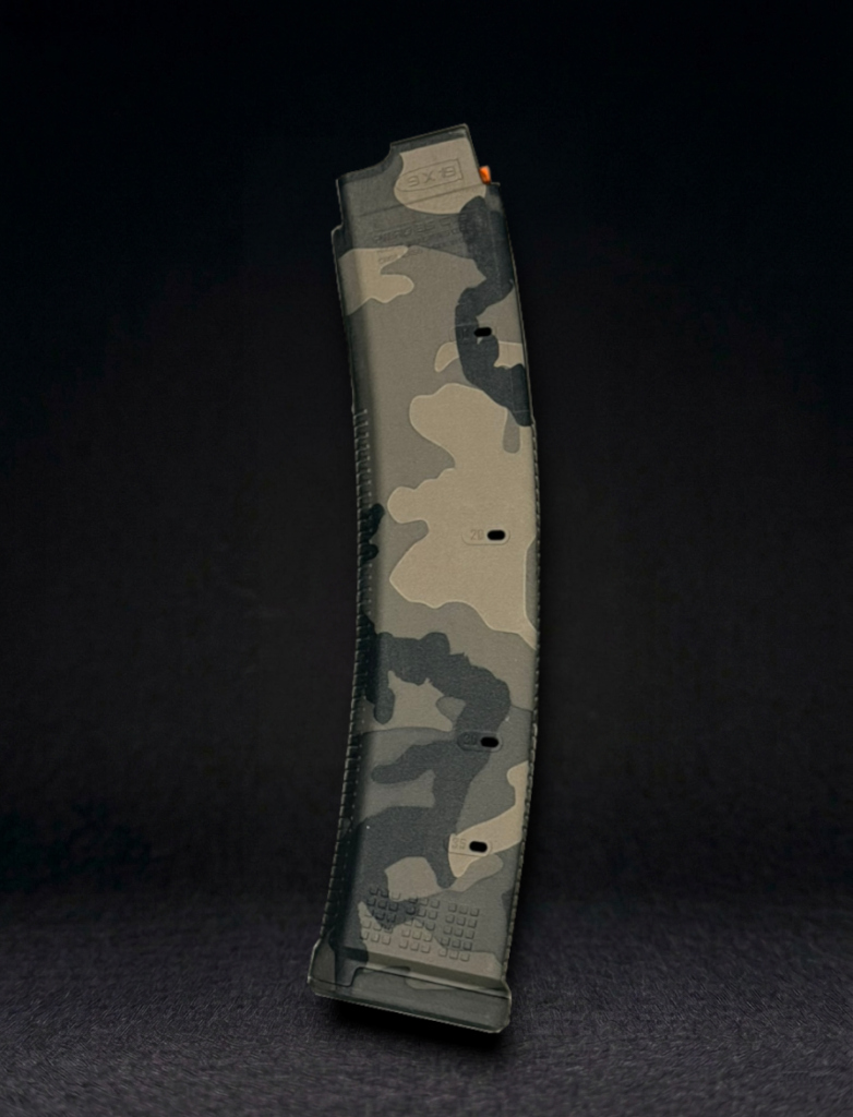 side view of a CZ Scorpion magpul pmag laser engraved with Urban M81 camo pattern