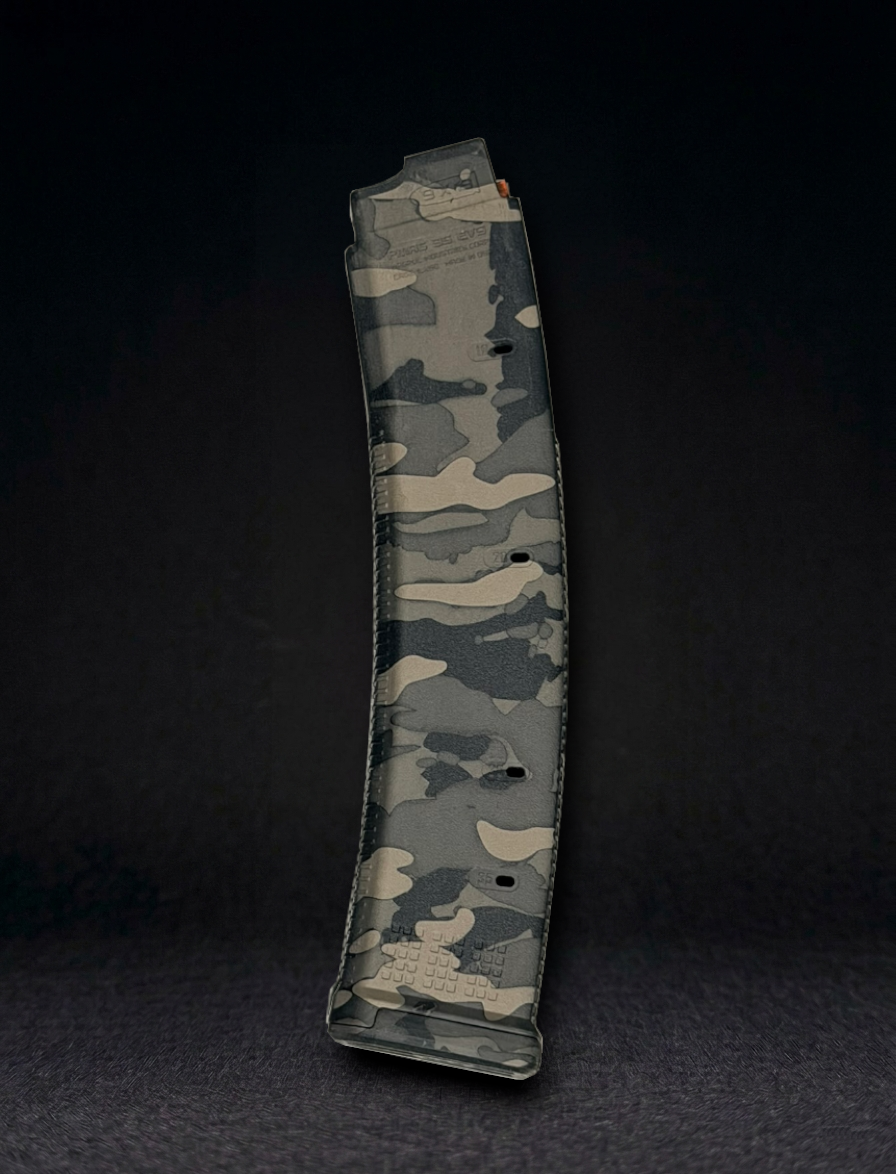 side view of a CZ Scorpion magpul pmag laser engraved with Urban Multicam camo pattern